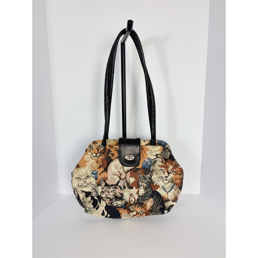 Vintage Cat Woven Tapestry Shoulder Purse Bag Turn Lock Closure Quirky Granny